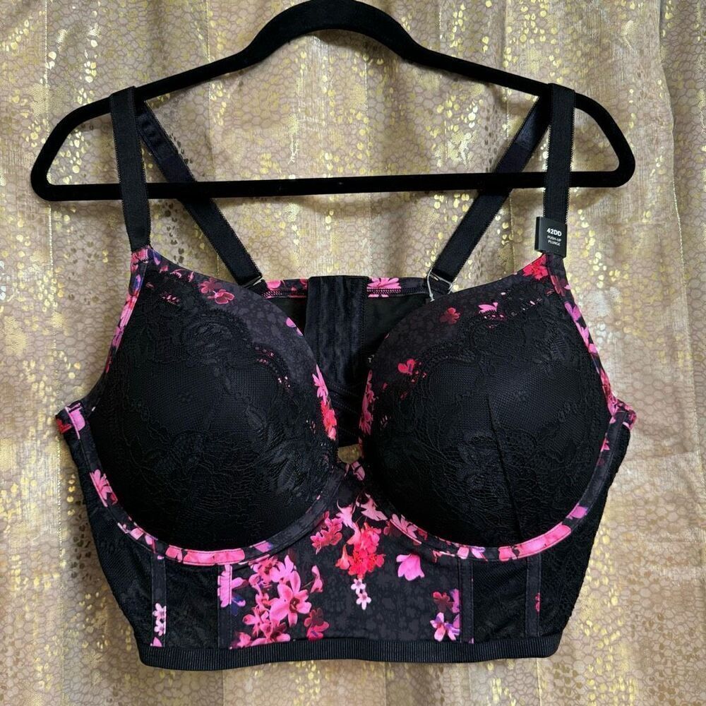 Torrid Black Pink Floral Lace XO Plunge Push-Up Longline Bra 42DD NWT